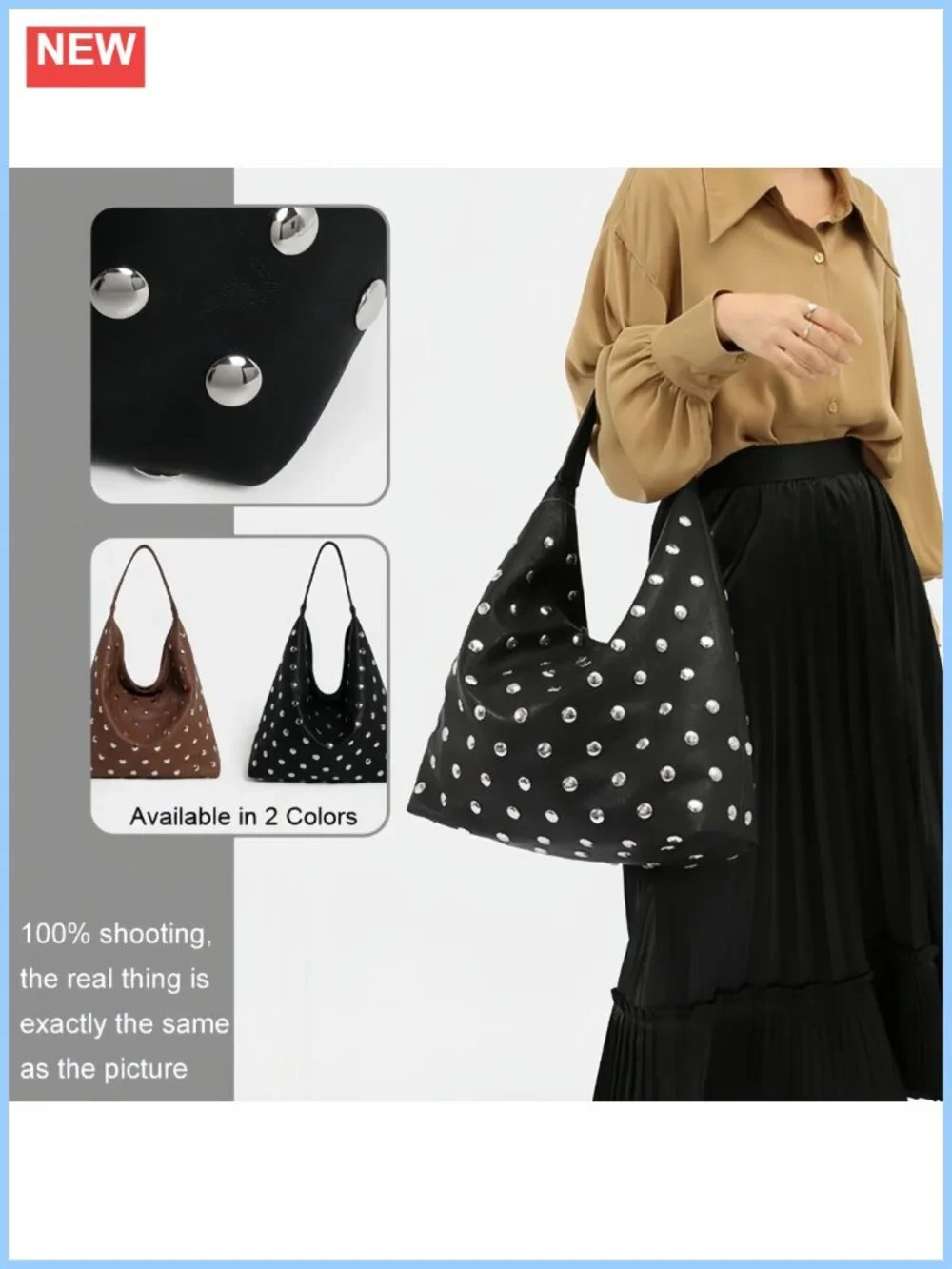Vegan Leather Studded Hobo Bag Soft Slouchy Shoulder Purse